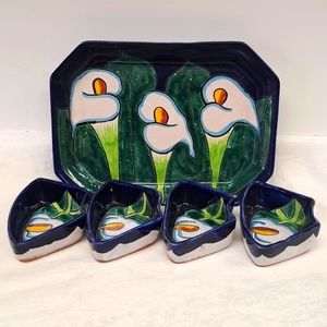 Mexican Talavera folk art handmade 5-piece serving dish set
